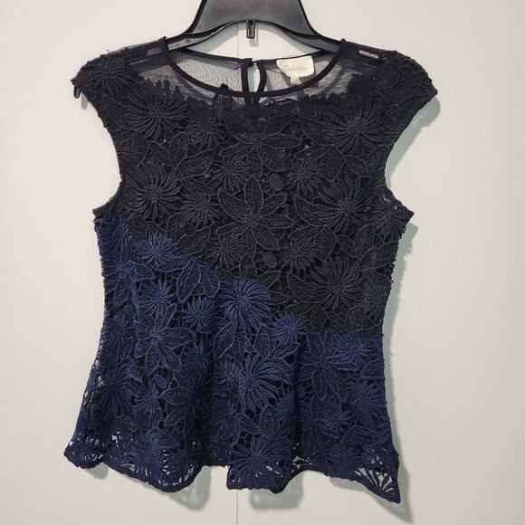 Deletta Tops - Deletta from Anthropologie Lace Navy Blue Black Cap Sleeve Blouse Top - PXS